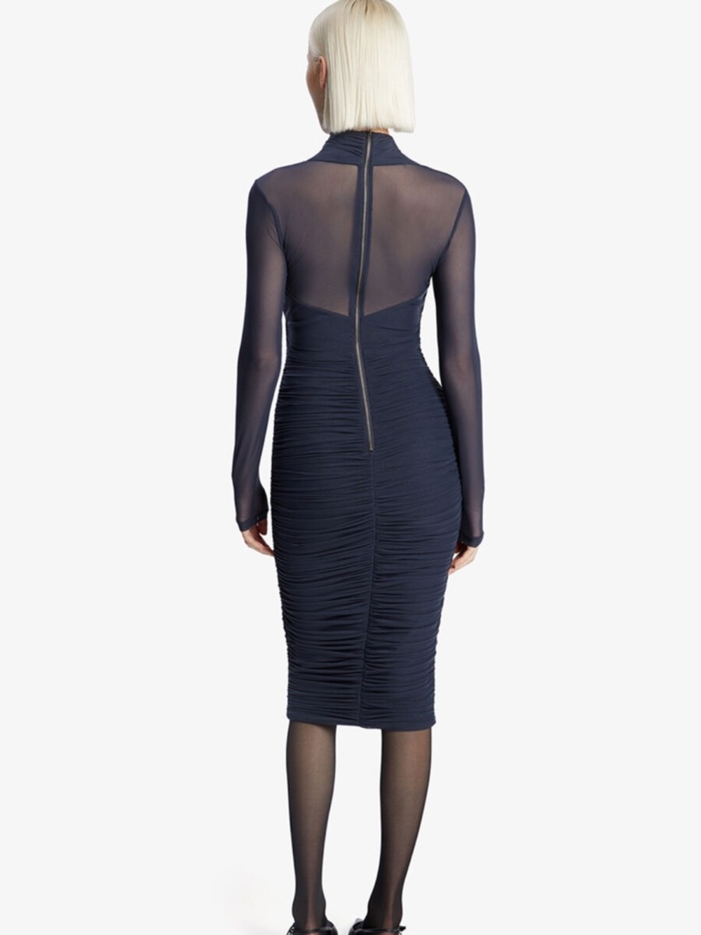 Bardot Aliyah Dress In Navy Small Bodycon Midi Long Sleeve Mesh Ruched Gown - Picture 2 of 6